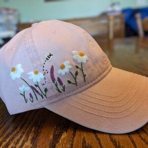 Adult Pink Floral Hand Embroidered Baseball Cap with Bee Accent
